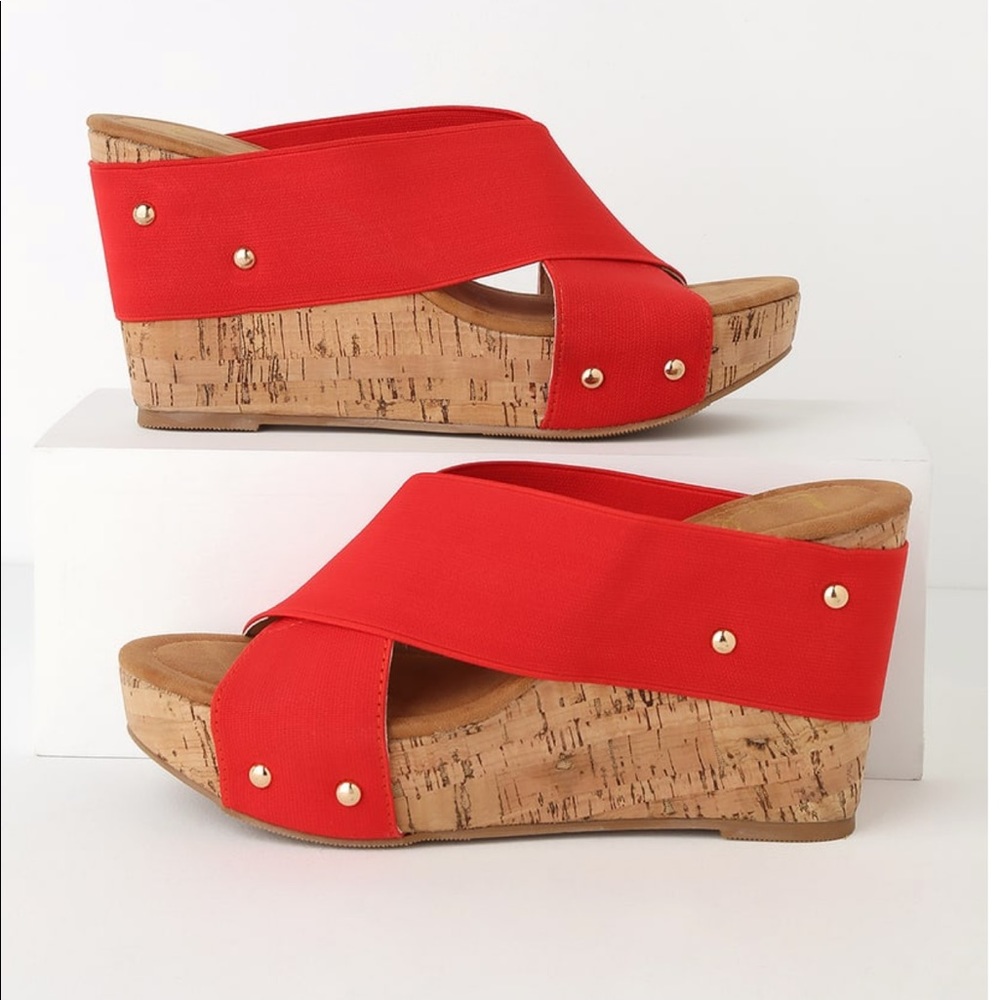 Lulus Red Cork Wedge Heels Size 8 NWOB